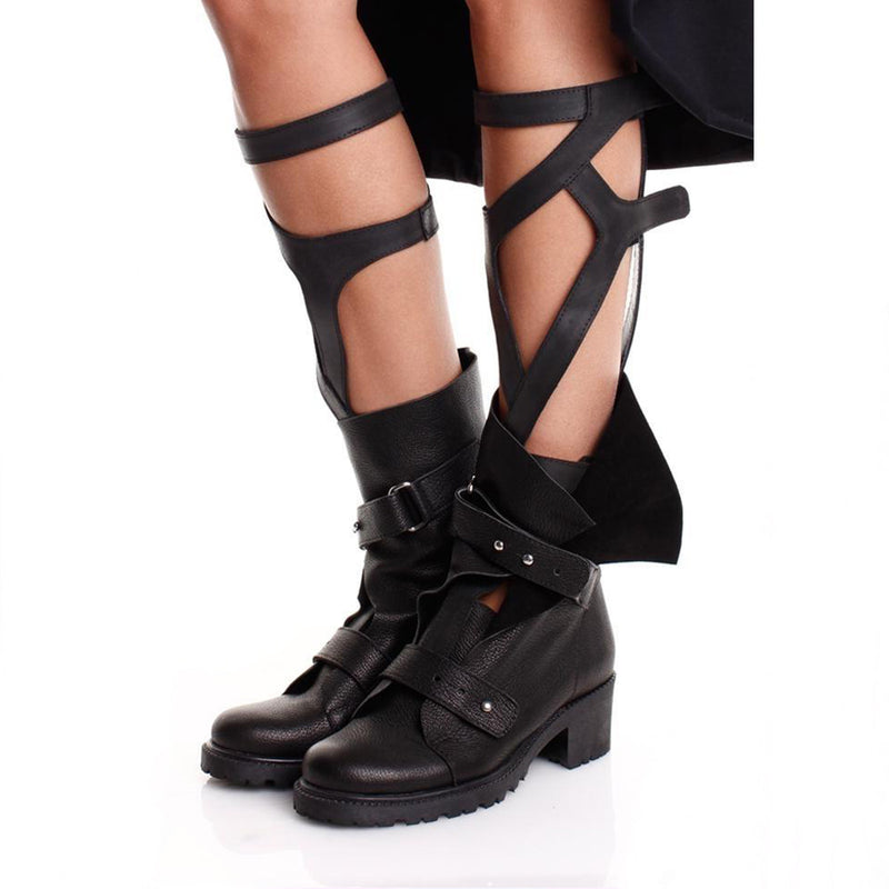 Hugs and Thoughts black leather gladiator boots