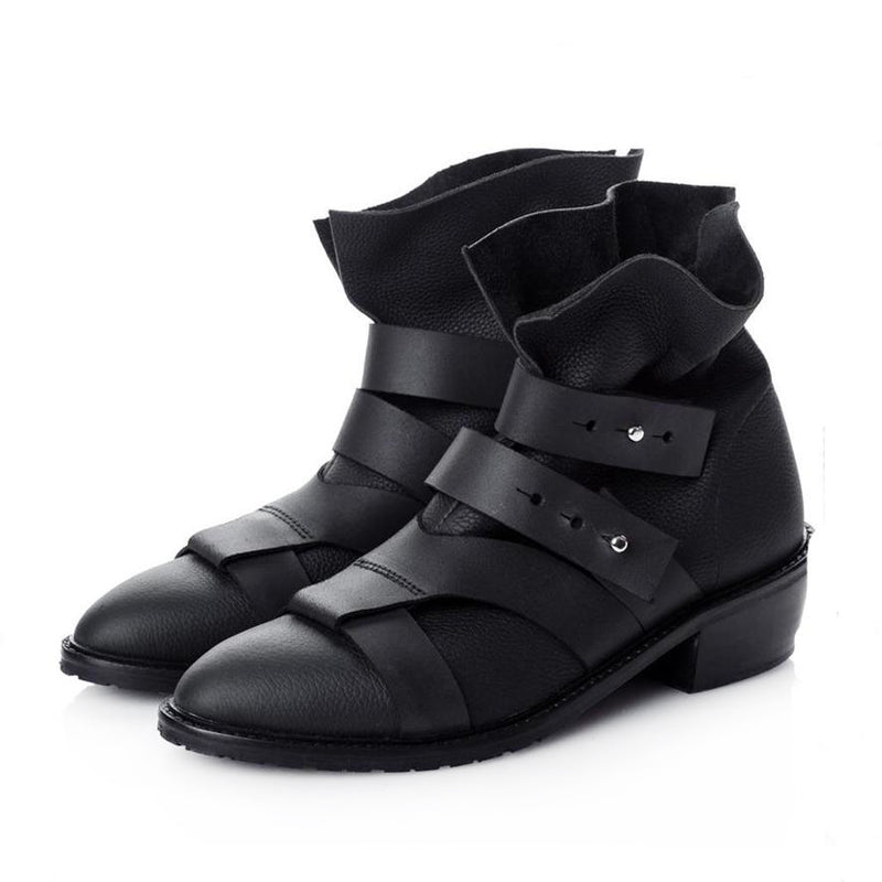 Black leather strappy ankle boots with nickel metal accessories