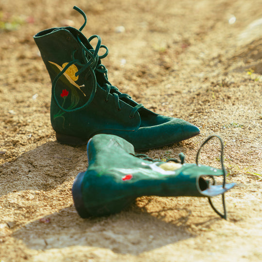 Mihaela Glăvan // Ștefan Câlția green suede booties