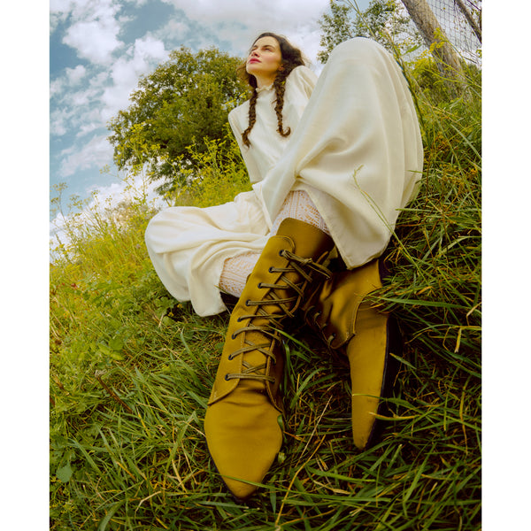 Mihaela Glăvan // Ștefan Câlția khaki satin booties