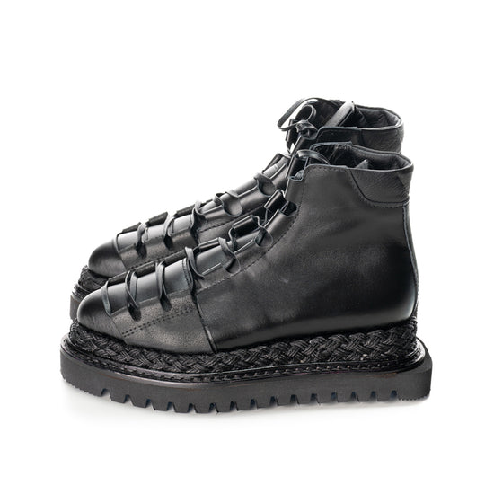 Urban style black leather lace-up booties