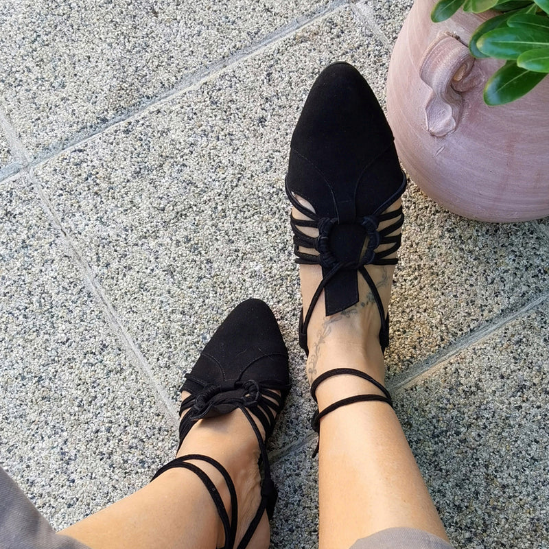 Black suede flats with black suede laces and 2 cm heels black sole