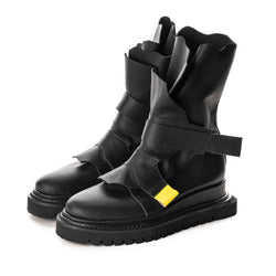 Black leather booties black geometric sole with yellow leather details
