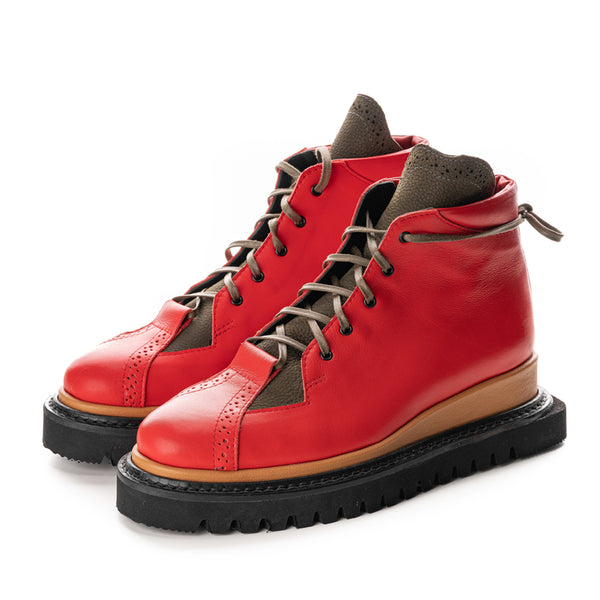 Red leather lace-up booties with khaki details and ochre yellow leather mid-sole