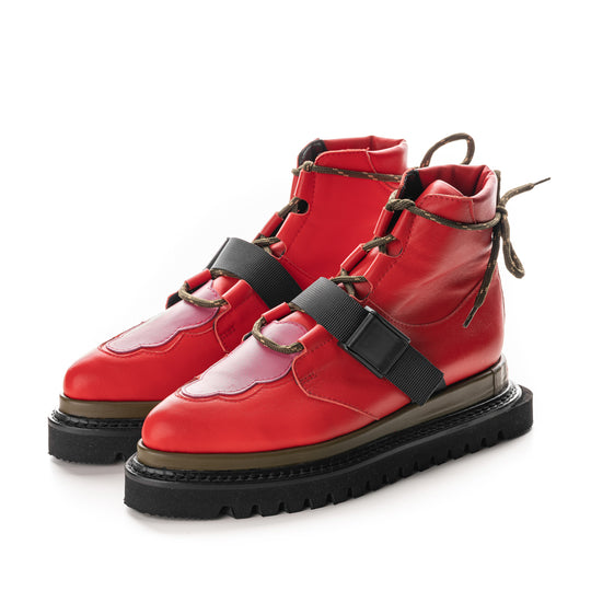 Red leather flat platform boots