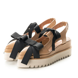 Beige leather cut-out shoes with ribbed textile bow detail