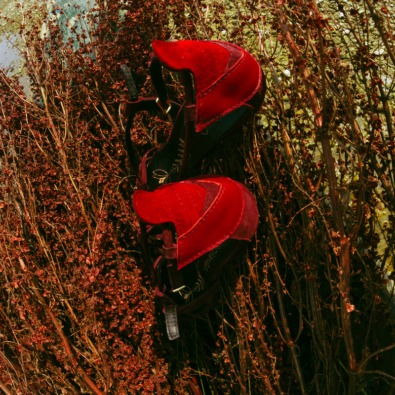 Mihaela Glăvan // Ștefan Câlția burgundy suede sandals