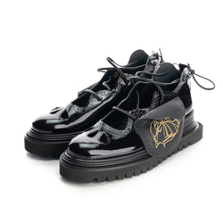 Black patent leather  lace-up shoes with flat platform covered with black leather and embroidered black leather details