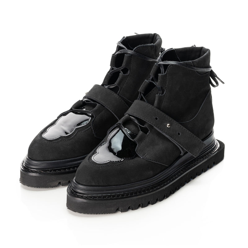 Black nubuck leather flat platform booties with black patent leather cloud detail 